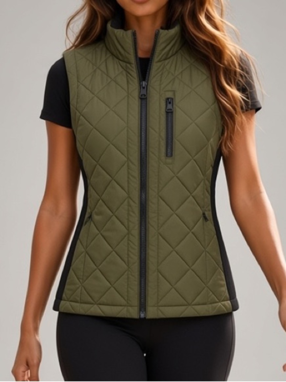 Andrew Marc Olive Quilted Vest with Black Panels